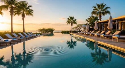 Fototapeta premium Luxury infinity pool at tropical resort during sunset hour.