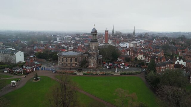 Close Aerial View of St Chad's Church Dome and Golden Cross Over Shrewsbury Skyline
