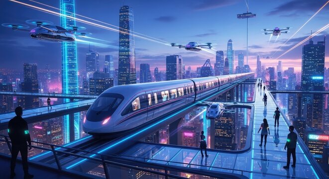 Futuristic city with high speed maglev train and drones.