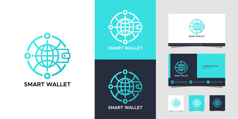 Fototapeta premium A modern minimalist logo design featuring a globe and wallet icon within a circular network, symbolizing global digital finance and smart payment solutions, shown with business card mockups.