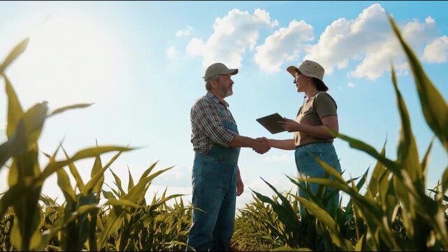 Low-angle view of two farmers standing between rows of green corn stalks during daytime, exchanging a handshake as they inspect the crop. An older man in a