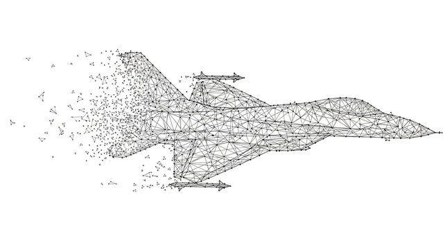 Abstract Low Poly Fighter Jet Aircraft Wireframe Disintegrating into Particles on White Background 3D Illustration