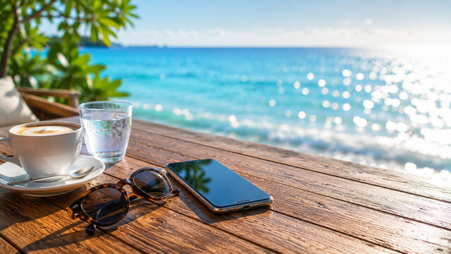 Coffee, smartphone and sunglasses on seaside terrace with ocean view