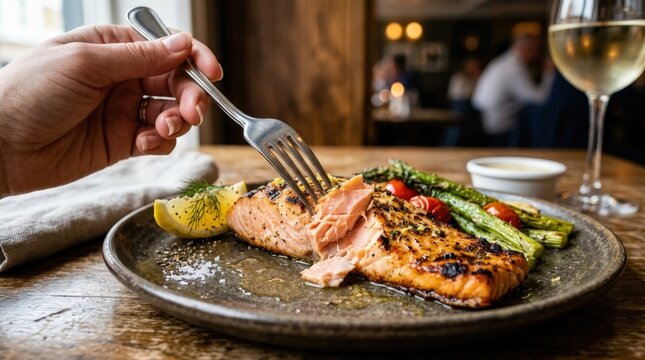 Close Up of Fork Cutting into Grilled Salmon Filet for Dinner
