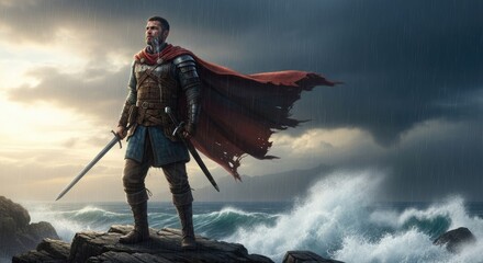 Obraz premium Medieval knight in armor standing on rocks by sea.