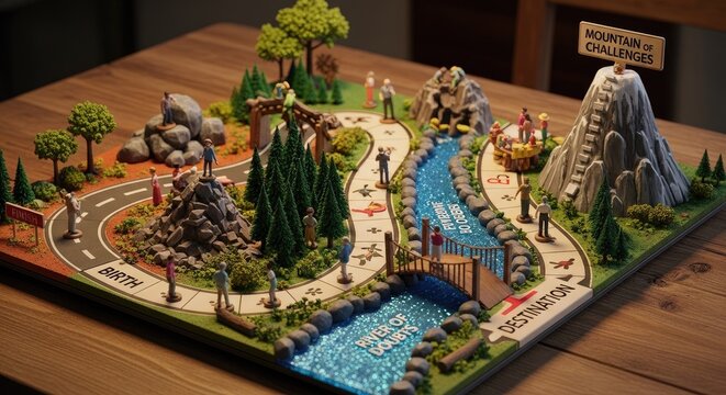 Miniature board game model representing life journey path.