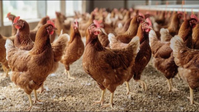 Brown hens and chickens stand and walk on a bedding-covered floor inside a bright poultry house. Densely arranged birds with red combs and pale tail feathers