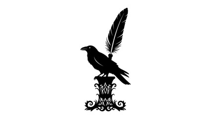 Raven with Quill Pen: A striking silhouette of a raven perched atop an ornate stand, with a quill pen elegantly inserted behind its head, symbolizing wisdom and creativity. © mahmuda428