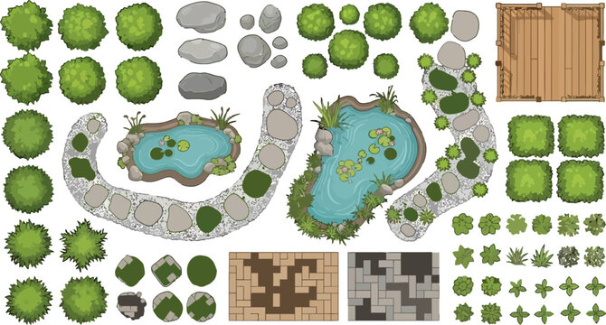 Top down garden landscape design elements with trees ponds stone paths and wooden deck vector illustration set