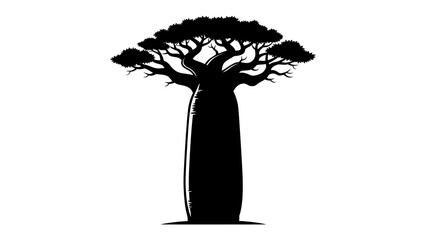 Baobab Tree Silhouette: An iconic baobab tree, rendered in a stark silhouette, stands majestically with its distinctive swollen trunk and spreading branches. © mahmuda428