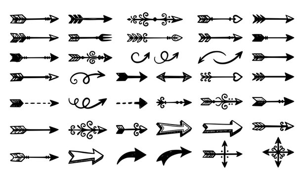 Black vintage hand drawn arrow collection with decorative directional elements classic retro arrow set for branding and design projects