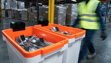 Fototapeta premium Medium shot showing RFIDtagged cutlery items inside sensorequipped bins capturing realtime inventory data in a busy warehouse setting.
