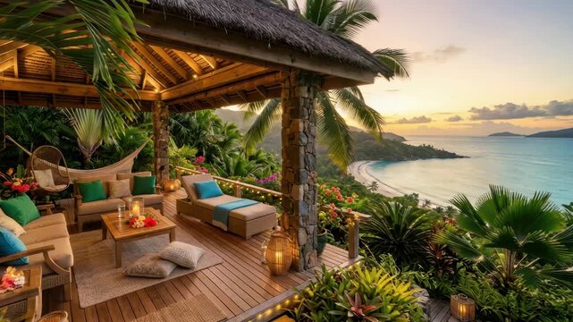 Tropical paradise balcony with ocean view at sunset