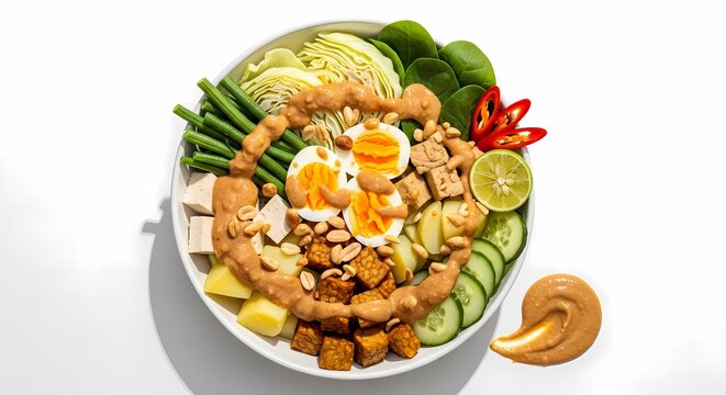Indonesian gado gado salad with peanut sauce and eggs