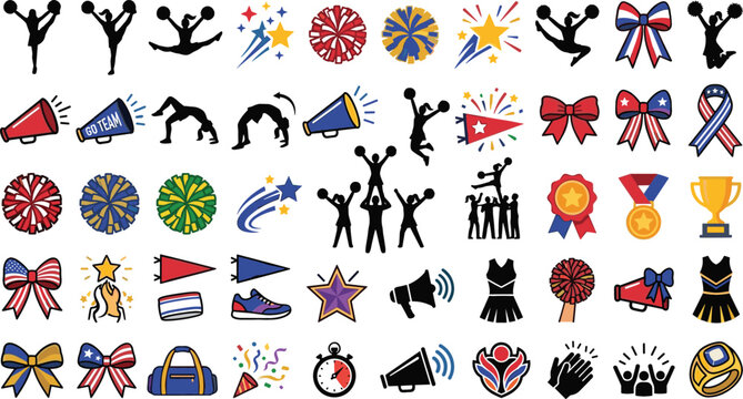 School spirit cheerleading vector icons set with cheerleader silhouettes team pom poms megaphones and championship medals