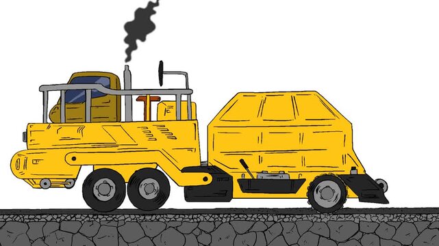 Yellow asphalt paving machine moving forward on a road foundation, heavy construction vehicle laying asphalt with exhaust smoke, side view illustration