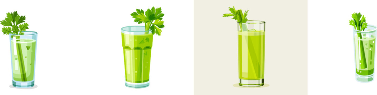 A minimalist glass filled with crisp chilled celery green juice and a celery stalk stands tall against a clean, flat background in vibrant hues of celery green and pale green tones