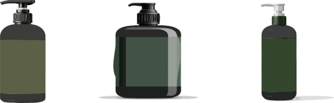 A sleek modern mens daily shampoo bottle with a heavy-duty mechanical pump dispenser features a flat 2D design in charcoal black, deep forest green label, and pure white pump, isolated on white for