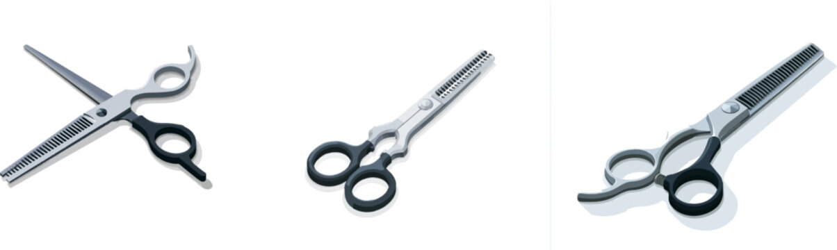 A sleek, minimalist design features a thinning shears with distinct geometric teeth, presented in an isometric view against a clean white background