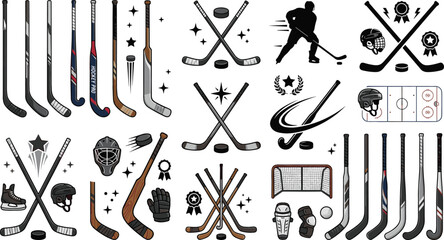 Ice hockey vector icons set with sticks pucks helmets player silhouettes and goal nets for sports design © Sukhi