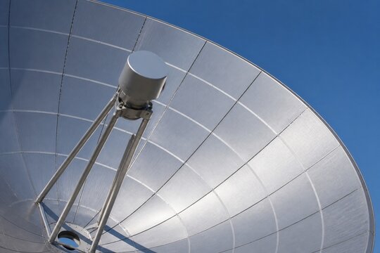 Silver concave surface of a satellite dish forming a parabolic shape, geometric industrial design.