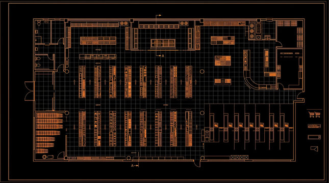 Top View Grocery Store CAD Blocks Vector Set with Shelves Carts Checkout Counters and Refrigerators Technical AutoCAD Blueprint