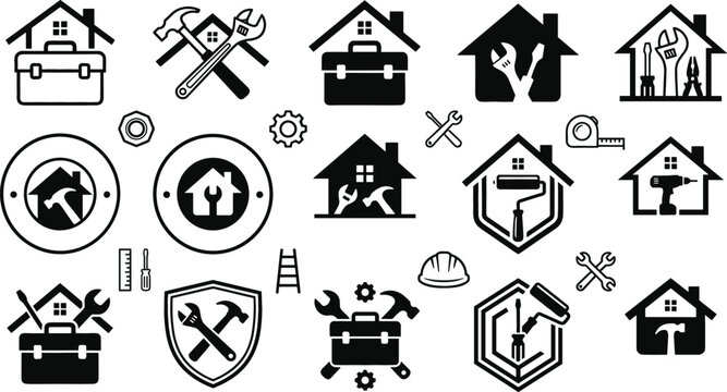 Home repair logo icon set featuring house maintenance tools wrenches hammers toolboxes shields and renovation construction symbols