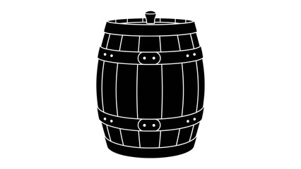 Wooden Barrel Silhouette: A stylized illustration of a dark wooden barrel, complete with metal bands and a stopper, stands as a symbol of tradition and storage. © mahmuda428