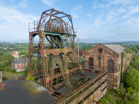 Chatterley Whitfield, Stoke on Trent, Staffordshire, England. Drone view of the iconic abandoned coal mine with historic headgear, showcasing Britain's industrial architecture, mining heritage