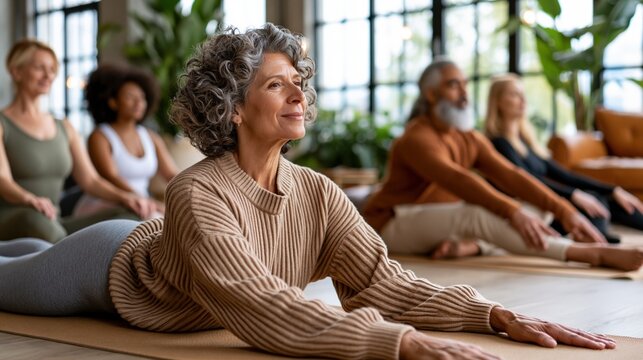 A diverse group of ankylosing spondylitis patients participating in a guided therapeutic yoga and mobility class in a bright spacious wellness studio, instructor demonstrating spinal extension pose