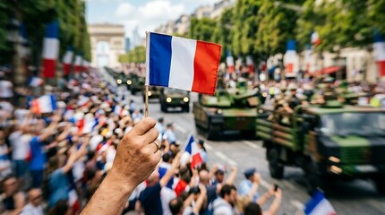 Obraz premium Crowd waving French flags at a military parade.
