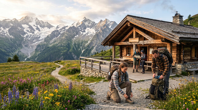 Luxury Mountain Cabin Surrounded by Wildflowers and Snow Capped Peaks