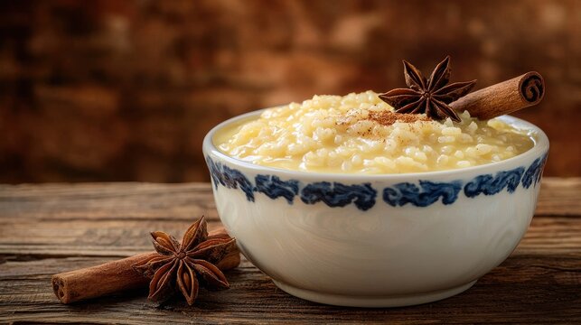 Rice pudding cup premium Mexican arroz con leche in elegant white ceramic bowl with blue pattern, garnished with star anise and cinnamon sticks on rustic wood