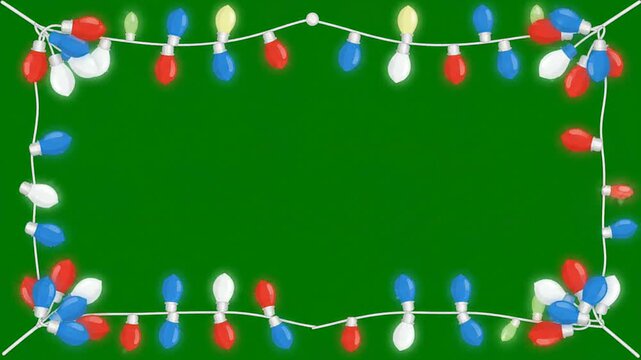Patriotic Christmas lights frame on a green background featuring red white and blue bulb decorations ideal for holiday festive graphic design and seasonal compositions