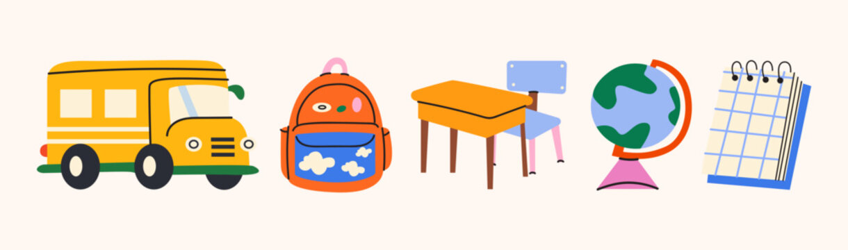 Back to school flat vector illustration set with school bus, backpack, desk, globe and spiral notebook. School supplies and education elements in cartoon doodle style