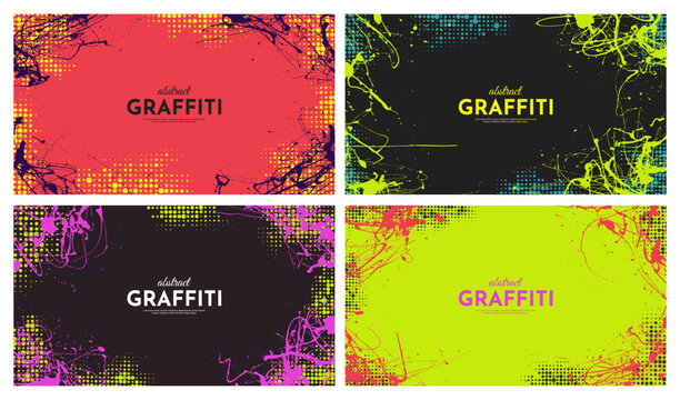 Vector illustration. Hand drawn abstract frame set. Messy paint splatter and halftone dots. Design for presentation, web banner. Retro vintage background collection in acidic bold colors
