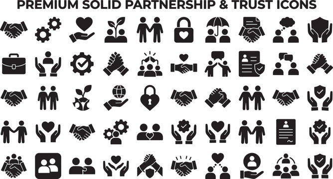 Premium solid partnership and trust icons set for business and teamwork