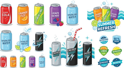 Soda aluminum cans set with energy drink sparkling water and fruit juice vector icons for summer refreshment © Sukhi