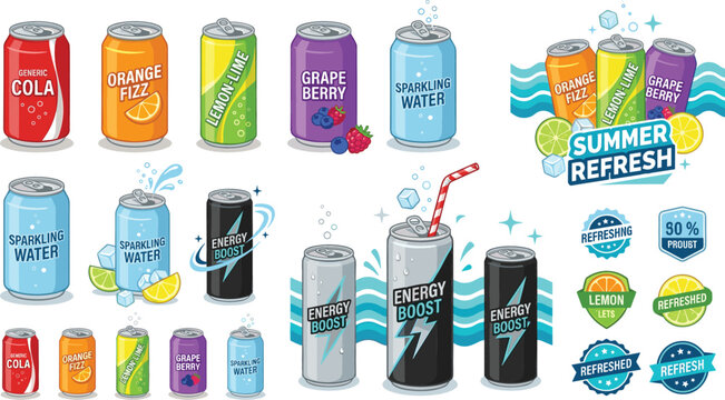 Soda aluminum cans set with energy drink sparkling water and fruit juice vector icons for summer refreshment