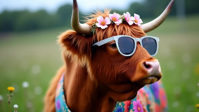 Highland cow adorned with floral crown and sunglasses poses in a vibrant field, showcasing its colorful scarf and playful demeanor in a sunny outdoor setting