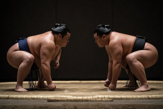 Two sumo wrestlers in a tense pre-match stance with dramatic side lighting.