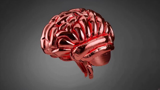Red balloon shaped like a human brain rotates slowly against a dark background, showcasing intricate details and glossy surface texture in a visually engaging manner