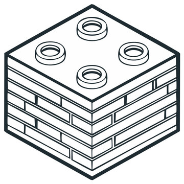 Isometric view of a building block with studs and brick layer construction.