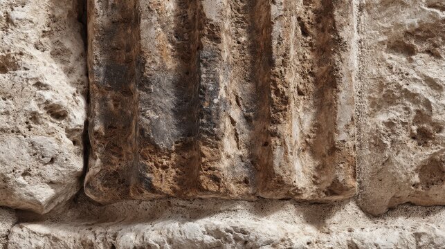 Aged limestone wall detail with deep vertical grooves, natural mineral staining, weathered surface texture, and time-worn patterns in high-resolution macro photography