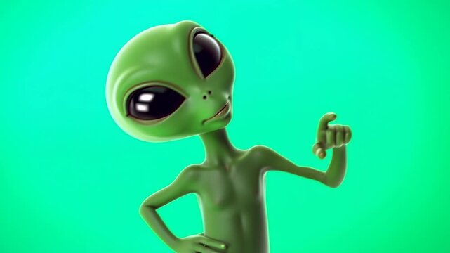 Green alien character with large black eyes gestures with finger raised, showcasing playful expressions against a vibrant turquoise background in a cartoon style