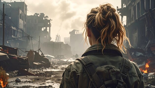 Woman overlooking a devastated urban landscape, post-apocalyptic scene