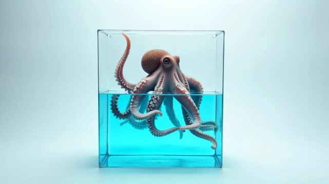 Octopus with extended tentacles emerges from water in a clear glass tank, showcasing vibrant colors and intricate textures against a light blue background