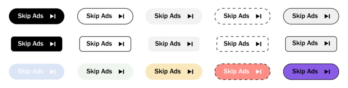 Skip Ads button collection in filled, outline, dashed, and colored styles. Perfect for video players, streaming platforms, web interfaces, mobile apps.