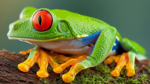 Red-eyed tree frog opening its eyes while resting on a mossy branch
