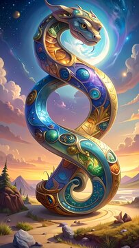 A fantastical ornate serpent coiled in a vibrant sunset sky